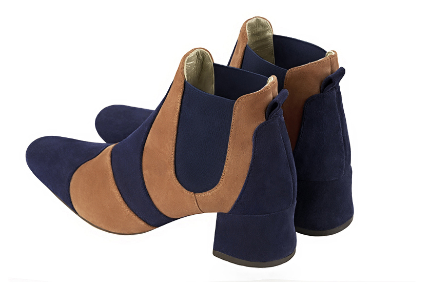 Navy blue and camel beige women's ankle boots, with elastics. Round toe. Low flare heels. Rear view - Florence KOOIJMAN